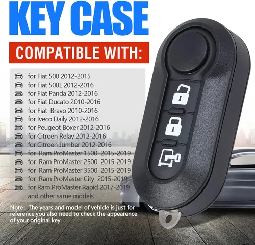 Miniatura 3 de Keymall Carcasa de repuesto para llavero de automóvil RAM ProMaster 1500 2500 3500 City 2015-2019 para Fiat 500 Ducato 3 botones, solo la carcasa