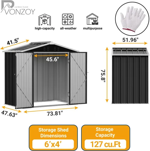 Miniatura 4 de Cobertizo de almacenamiento para exteriores de 6 x 4 pies con puerta con cerradura individual, cobertizo de metal galvanizado adecuado