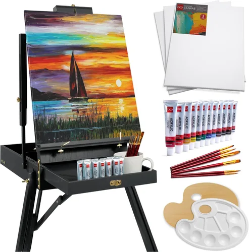 Best Choice Products Caballete francés, kit de 32 piezas para principiantes, portátil, de madera, plegable, ajustable, caja de bocetos para artista,
