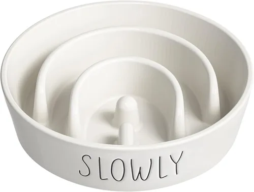 Comedero Lento para Perros, Tazón de Cerámica de 3 Tazas con Laberinto para Perros Medianos/Grandes – Plato Antideslizante Blanco para Mascotas,