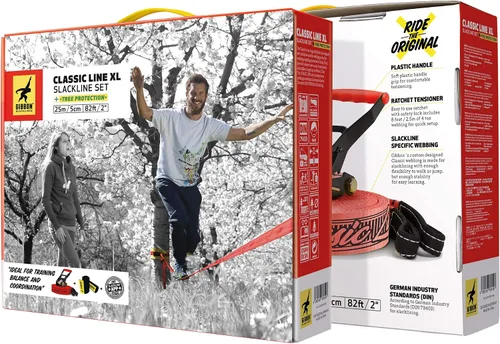 Miniatura 4 de GIBBON Slacklines Classicline XL con ropa para árboles, rojo, 82 pies (línea de 74 pies + correa de trinquete de 8 pies con lazo reforzado) incl.