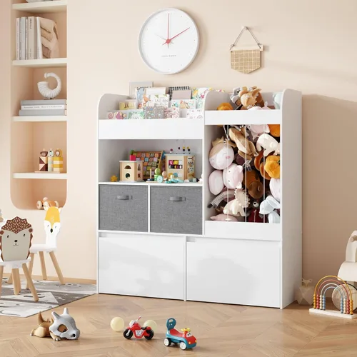 Miniatura 6 de Estantería para niños, almacenamiento de animales de peluche con tapete de juego, organizador de almacenamiento de juguetes de madera con 2 cajones