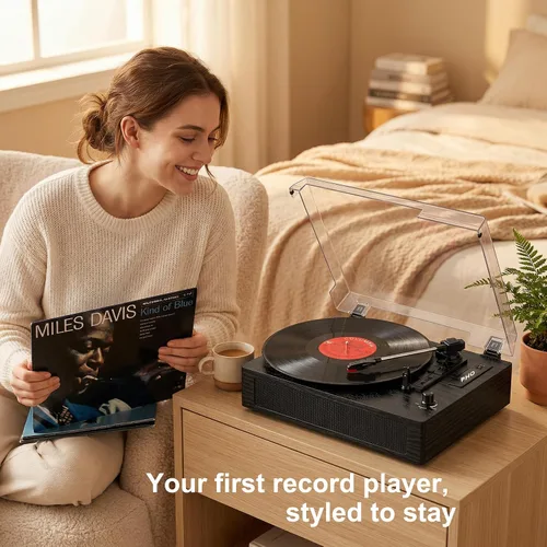 Miniatura 2 de Reproductor de discos de vinilo con Bluetooth, tocadiscos de 3 velocidades por correa con altavoces integrados, fácil configuración