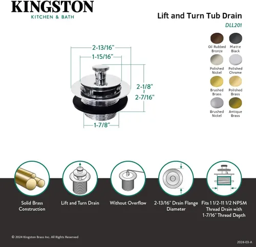 Miniatura 3 de Kingston Brass DLL208 Lift and Lock - Desagüe para bañera (níquel cepillado)