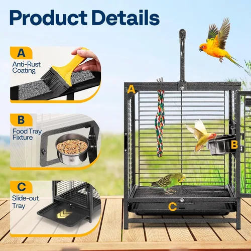 Miniatura 5 de VIVOHOME Jaula de viaje de hierro forjado de 19 pulgadas para loros, conures, tortolito, cacatúa, periquitos, color negro