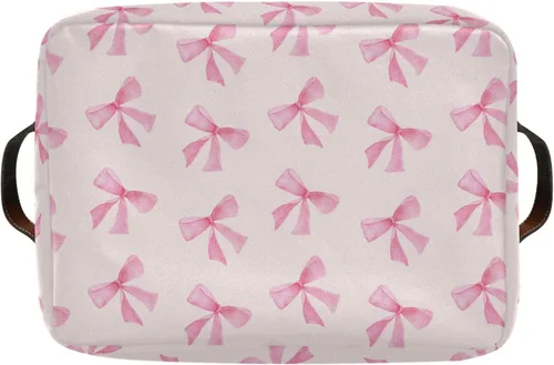 Miniatura 9 de Cesta de almacenamiento plegable con lazo rosa, impermeable, con asas de cuero, para clósets, oficinas, dormitorios, cestas de regalo, 1 unidad