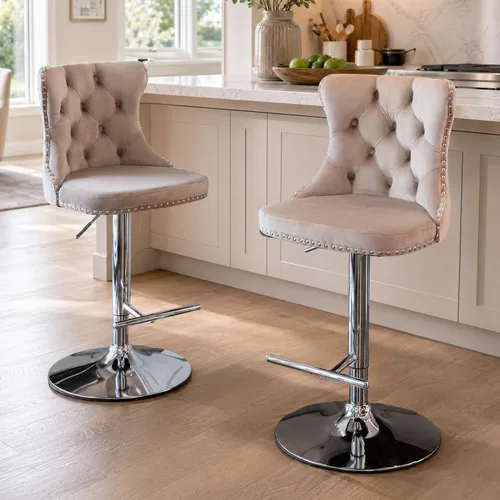 Miniatura 32 de SoarFlash Juego de 2 taburetes de bar tapizados de terciopelo moderno con patas de madera, botones acolchados, cabeza de clavo cromada, asiento