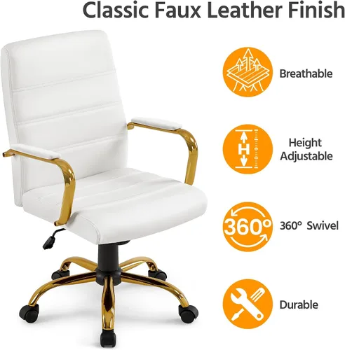 Miniatura 8 de Topeakmart Silla de escritorio de oficina Silla ejecutiva de cuero sintético ajustable con marco dorado asiento blanco Blanco y dorado