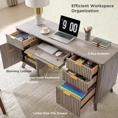 Miniatura 4 de T4TREAM Fluted Executive Desk with Drawers, 60" Modern Home Office Computer Desk with Charging Station, File Cabinet, Keyboard Tray and Storage