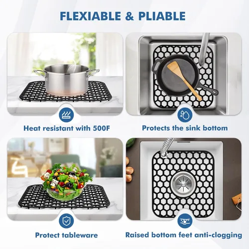 Miniatura 4 de Bestjing Paquete de 2 protectores de silicona para fregadero de cocina, accesorio de rejilla de cocina de 12 x 11 pulgadas, tapete antideslizante