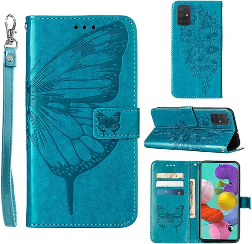 Miniatura 10 de Funda para Samsung Galaxy A51 con estampado floral en relieve, correa de muñeca, ranuras para tarjetero, funda protectora de cuero con soporte