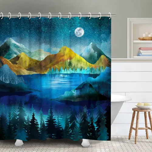 RosieLily Cortina de ducha con diseño de lago de montaña, cielo nocturno estrellado, paisaje de luna y bosque para baño, 72 pulgadas de ancho x 72