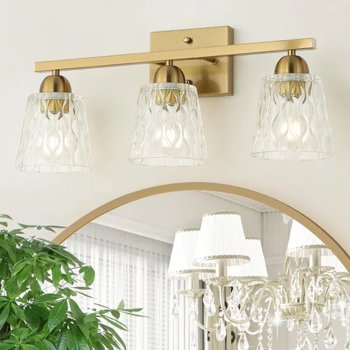 Miniatura 15 de Mecgirn Stainless Steel Bathroom Vanity Light Over Mirror, 1 Light Brushed Gold Bathroom Light Fixtures with Textured Glass Shades, Modern Vanity