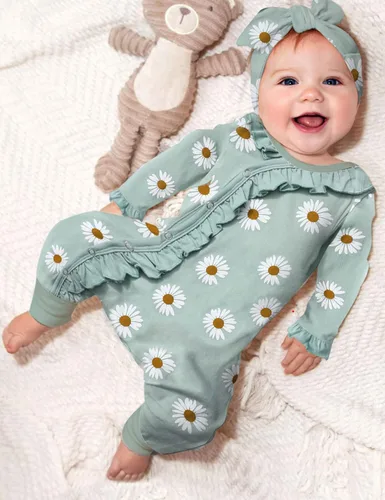 Miniatura 2 de Ropa de bebé recién nacida para niña, ropa de manga larga con volantes y diadema, ropa de bebé para niñas