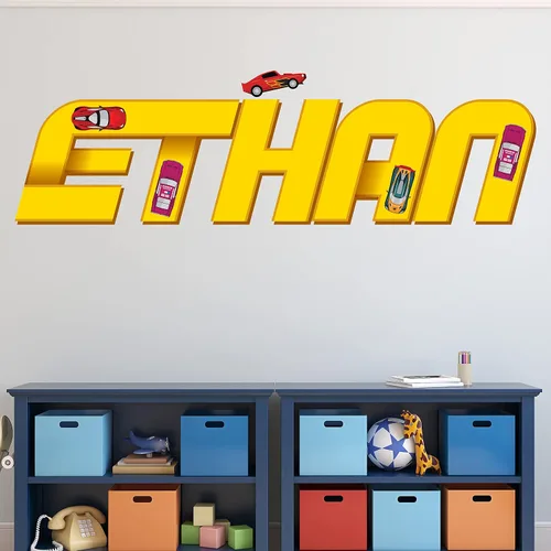 Miniatura 2 de Decoración de habitación de coches para niños, calcomanía de pared con nombre de bandera de carreras, arte de pared personalizado para niños, bebés