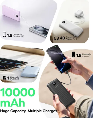 Miniatura 4 de VEGER Cargador portátil con enchufe de pared AC, cargador portátil delgado de 10000 mAh con cables incorporados, banco de energía USB C de 15W