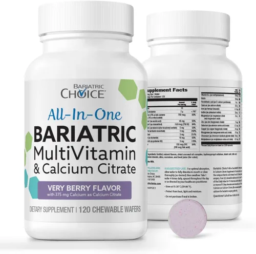 Elección Bariátrica Multivitamínico masticable todo en uno bariátrico con hierro y citrato de calcio, sabor a bayas muy intensas (120 unidades)