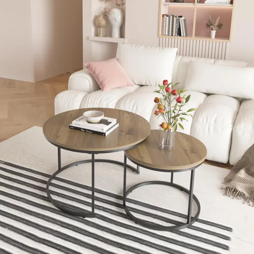 Miniatura 21 de Juego de 2 mesas auxiliares anidables para sala de estar, juego de mesa auxiliar redonda moderno, mesa auxiliar circular de madera y muebles Negro