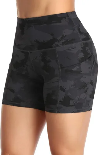 Miniatura 5 de Oalka Pantalones cortos de yoga para mujer, con bolsillos laterales, cintura alta, para entrenamiento, correr, deportes, 4 pulgadas
