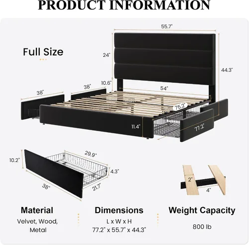 Miniatura 2 de SHA CERLIN Base de cama de plataforma de tamaño matrimonial con 4 cajones de almacenamiento, cabecera tapizada de terciopelo, base de colchón