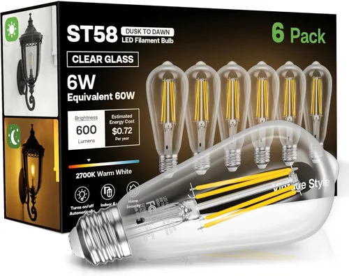 Miniatura 10 de Bombillas del amanecer al anochecer, 6 W equivalente a 60 W, blanco suave 2700 K, base E26, detección de luz, estilo vintage ST58, 600 lm, bombillas