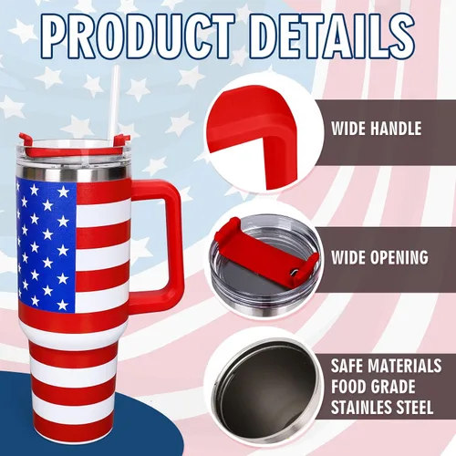 Miniatura 3 de Whaline Vaso patriótico del 4 de julio de 40 oz con asa, pajita y tapa, estrellas y rayas en rojo, azul y bandera de EE. UU., vaso de viaje del día