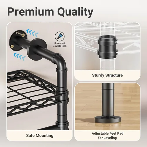Miniatura 6 de Timate F4 Perchero de ropa montado en la pared, estante de ropa de tubo industrial para colgar ropa, estante de ropa expandible y resistente, Negro