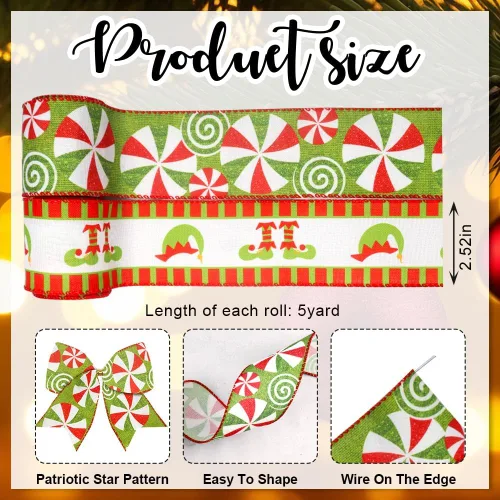 Miniatura 2 de Threetols 2 rollos de cintas de Navidad con borde con alambre de 10 yardas, cintas de arpillera de rayas rojas y verdes de 2.5 pulgadas, cinta