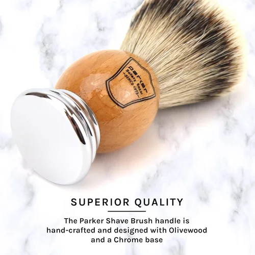Miniatura 5 de Parker - Brocha de afeitar 100% Silvertip Badger – Mango de madera de olivo, nudo largo de 0.866 in con soporte de resina – Cerdas supersuaves