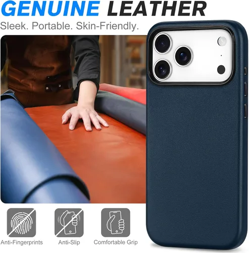 Miniatura 3 de SHIELDON Funda de cuero genuino para iPhone 17 Pro Max de 6.9 pulgadas 2025, [botón de la cámara actualizado], compatible con Magsafe, carga Azul