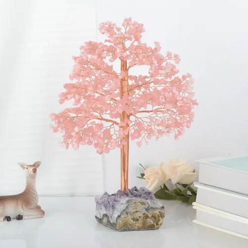 Miniatura 3 de Árbol de la vida con piedras preciosas de cuarzo rosa, base de racimo de amatista, cristal rosa curativo que equilibra la energía positiva, bonsái