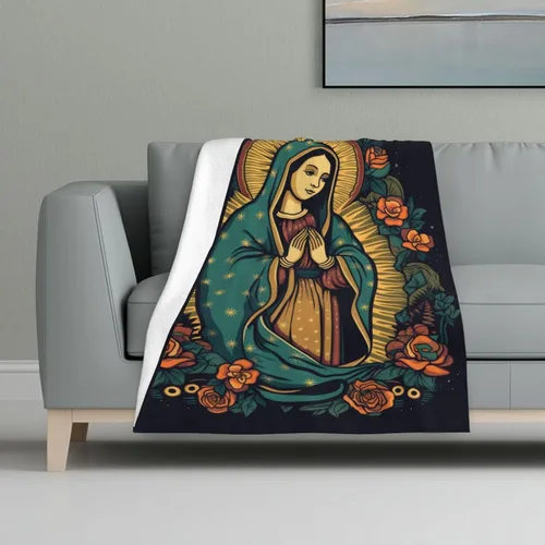 Miniatura 2 de Manta de Franela de la Virgen María, 50" x 40", Manta Negra con Temática de Nuestra Señora de Guadalupe para el Hogar, Cama, Sofá, Sillón, Regalos
