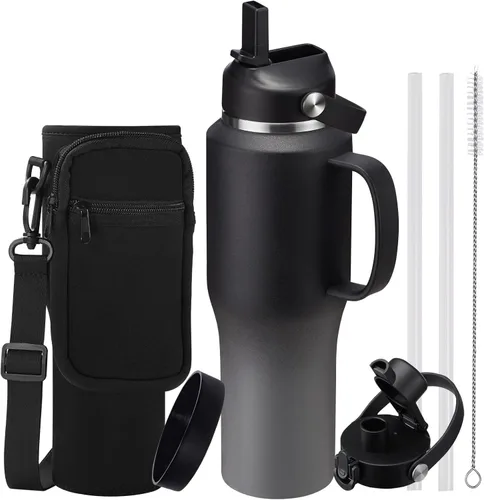 Miniatura 27 de Botella de agua de acero inoxidable de 32 onzas, frío-48 horas y caliente-24 horas, termo con popote y tapas de boquilla, bolsa, botella aislada al