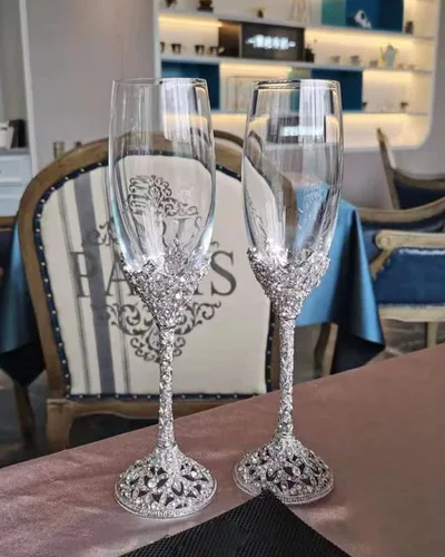 Miniatura 5 de Copas de champán – Base de metal de cristal con piedras de cristal, juego de 2 pares de flautas de tostado, boda, aniversario, fiesta, cumpleaños