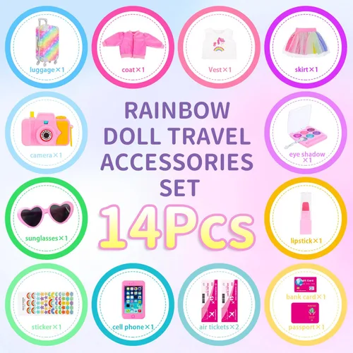 Miniatura 3 de Maleta de accesorios para muñeca de 18 pulgadas, juego de viaje y juego de muñecas estilo arcoíris para regalos de cumpleaños y Navidad para niños