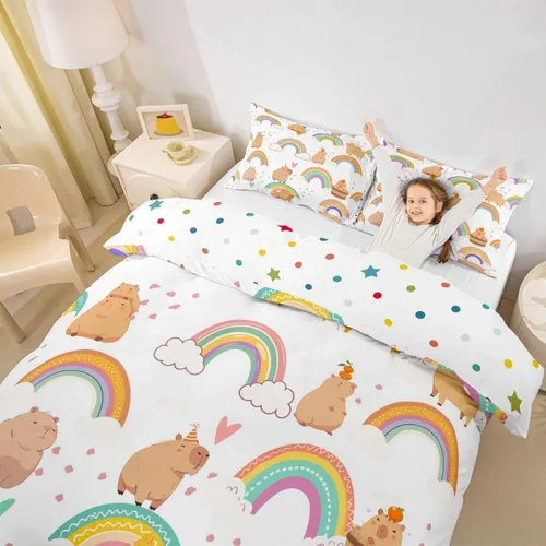 Miniatura 10 de Erosebridal Capybara - Juego de funda de edredón para dormitorio, 2 piezas, diseño de arco iris, tamaño individual, para niñas, funda de edredón