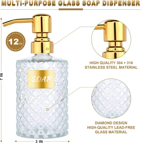 Miniatura 2 de MOCLIF Dispensador de vidrio de diamante de 12 onzas con dispensador de baño de acero inoxidable 304 dorado para cocina, jabón de manos, jabón