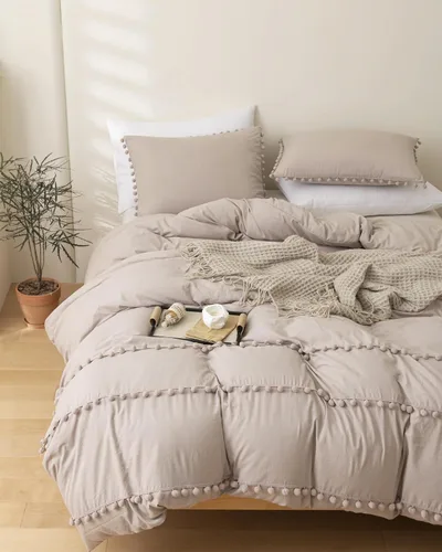 Miniatura 6 de INFLAG Funda de edredón de tamaño individual con pompones, juego de ropa de cama de microfibra bohemia de 3 piezas, 1 funda de edredón de 66 x 90