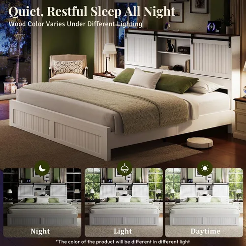 Miniatura 8 de Base de cama tamaño Queen con almacenamiento, puerta corrediza de granero, cama de plataforma de madera de granja con luz de lectura y estación