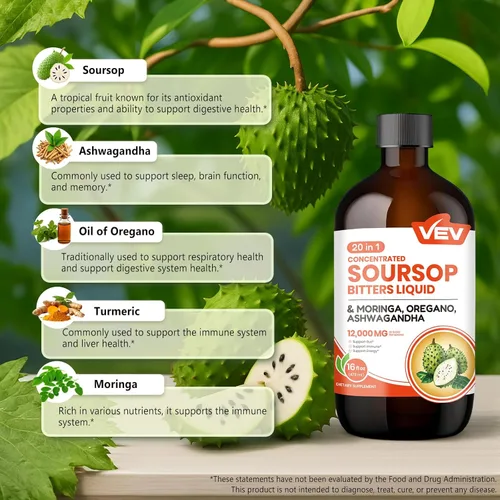 Miniatura 4 de VEV Líquido amargo de guanábana, fórmula sin azúcar con extracto de graviola, 20 en 1, con semilla negra, moringa y orégano, salud digestiva