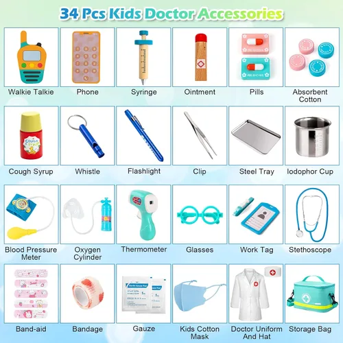 Miniatura 6 de Sundaymot Kit médico para niños, juego de simulación de 34 piezas para niños pequeños, kit de médico para niños pequeños de 3 a 5 años, con bolsa