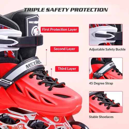 Miniatura 3 de METROLLER Patines en línea para niñas y niños, mujeres, hombres, 4 tallas ajustables, patines en línea con ruedas que se iluminan, patines Rojo
