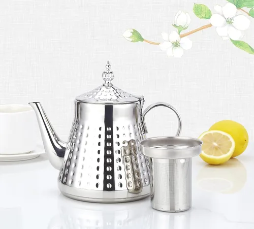 Miniatura 4 de SANQIAHOME 1.2L (40oz) martillo de acero inoxidable modelado tetera con infusor extraíble, cubierta de hojas sueltas, plata