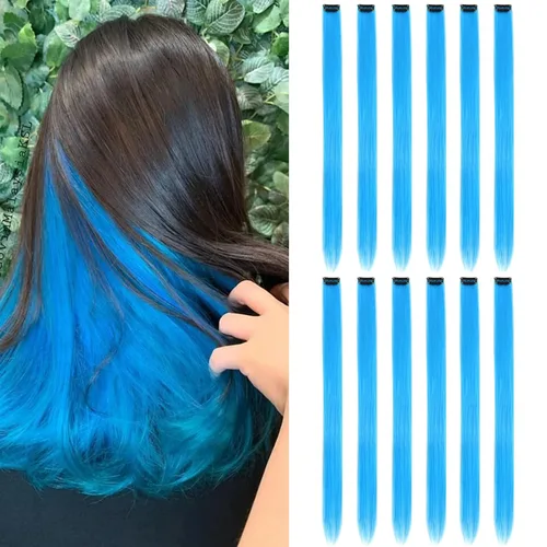 Miniatura 7 de 13 extensiones de cabello sintético con clip de colores de 20 pulgadas, multicolores, lacio, con clip, para mujer, para regalo, extensiones