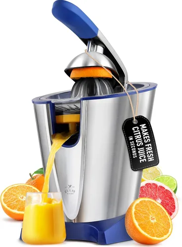 Exprimidor Eléctrico de Cítricos Zulay - Hace Jugo Fresco de Naranja, Limón, Pomelo, Lima - Acero Inoxidable, 160W Potente y Silencioso, Conos Azul