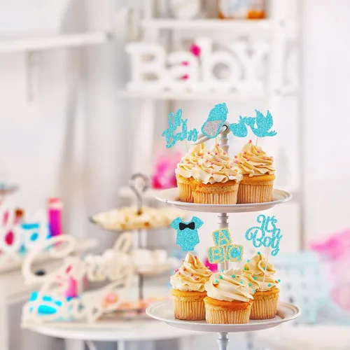 Miniatura 6 de 24 adornos para cupcakes Oh Baby con purpurina azul "It's a Boy" con botella de cisne, para baby shower, revelación de género, decoraciones