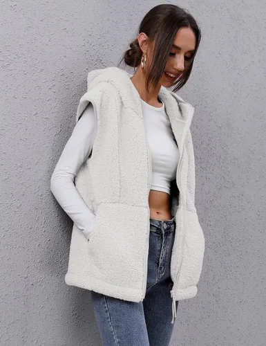 Miniatura 3 de TFSDOD Chaleco de forro polar sherpa mullido para mujer, acogedor, sin mangas, con bolsillo, chaleco con capucha para mujer, ropa exterior