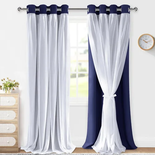 Miniatura 16 de XWZO Cortinas 100% opacas de doble capa para guardería, cortinas opacas con superposición transparente para dormitorio de niñas, cortinas