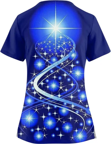 Miniatura 2 de Camisa de manga corta con estampado de elementos navideños con bolsillos y cuello cruzado para mujer