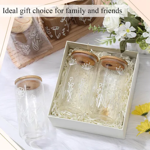 Miniatura 6 de Mumufy 6 Juegos de Tazas de Vidrio Florales Bohemias con Bolsa de Regalo Transparente de 16 onzas, Tazas de Café Helado Reutilizables con Flores